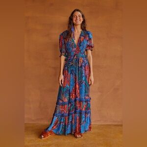 FARM Rio Blue Cool Leopard Ruffle Maxi Dress Size Small